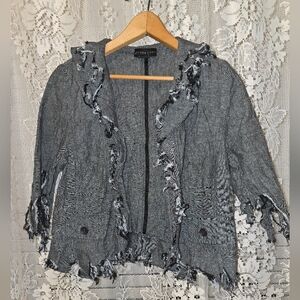 Donna Cody, Black Linen Jacket, Frayed Ends, Tattered, 3/4 Sleeves, Womens 8